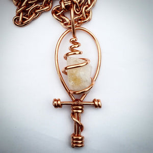 Serpentine Wrapped Rough Citrine Ankh Necklace