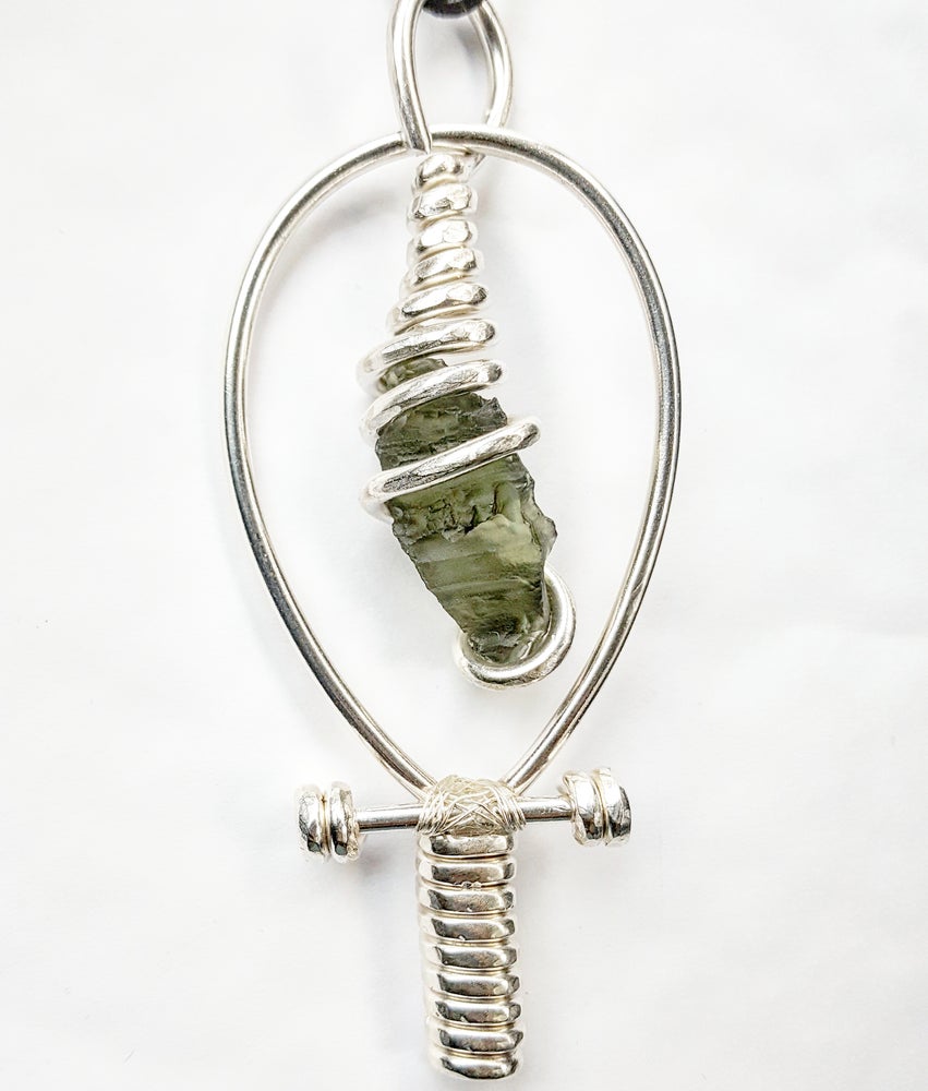 Fully Wrapped Pure Silver Moldavite Ankh