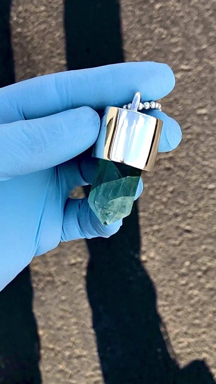Silver Green Fluorite Crystal Key Necklace