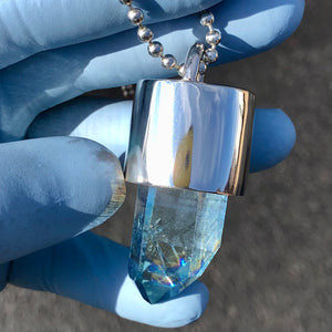 Silver Aqua Aura Quartz Crystal Key Necklace