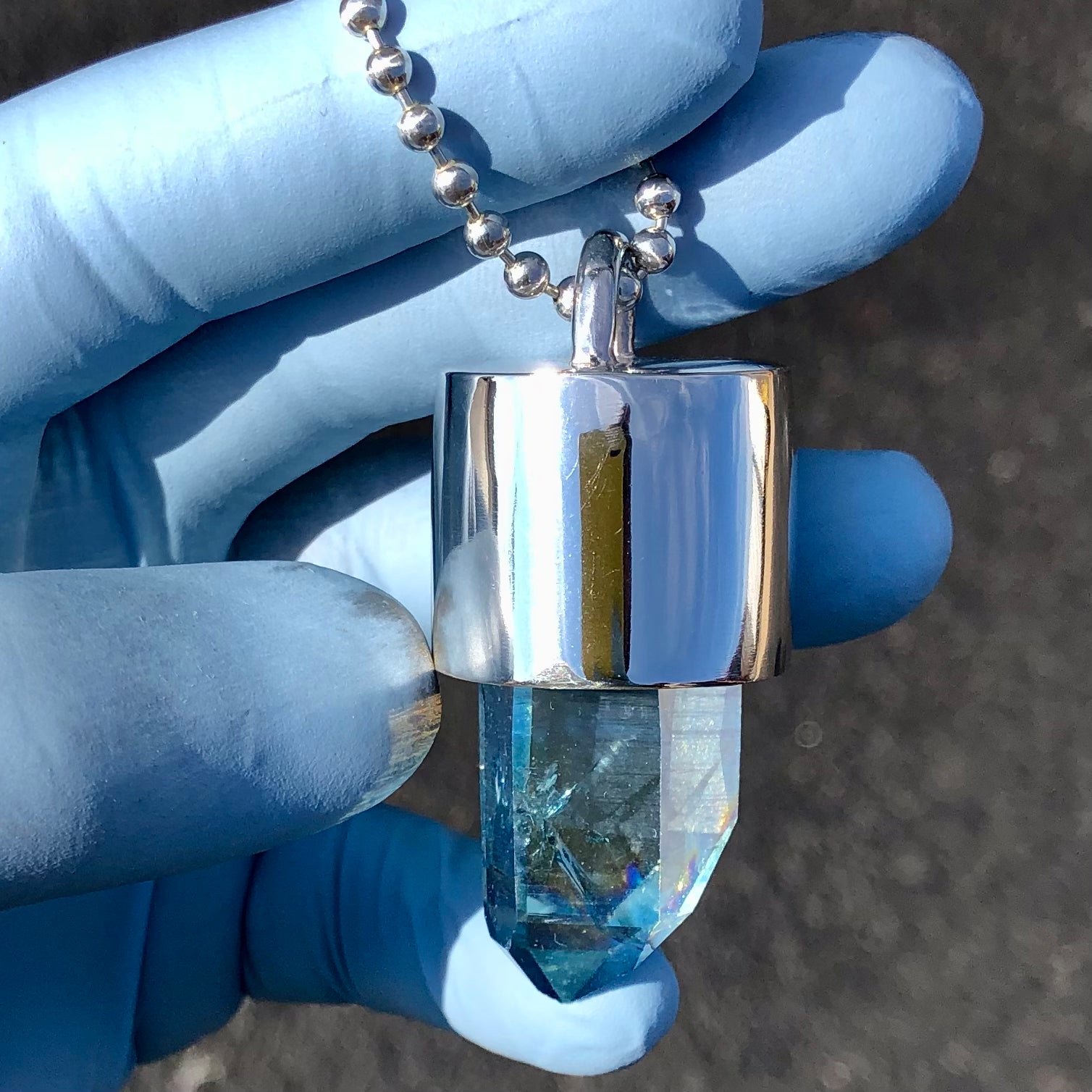 Silver Aqua Aura Quartz Crystal Key Necklace