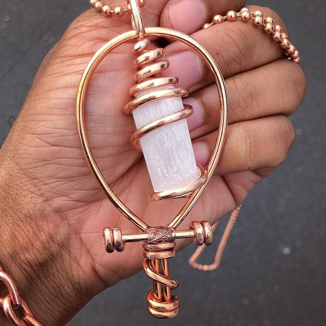 Serpentine Wrapped Selenite Ankh Necklace