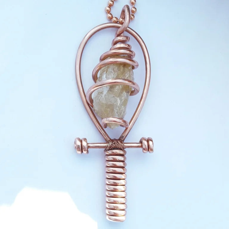 Fully Wrapped Citrine Ankh Necklace