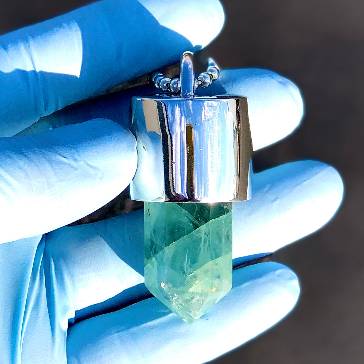 Silver Green Fluorite Crystal Key Necklace