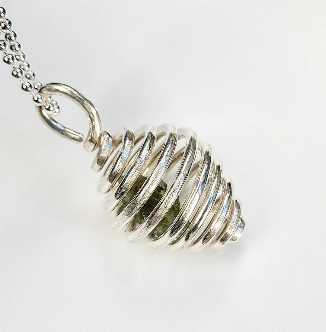 Pure Silver Moldavite Crystal Hive Necklace
